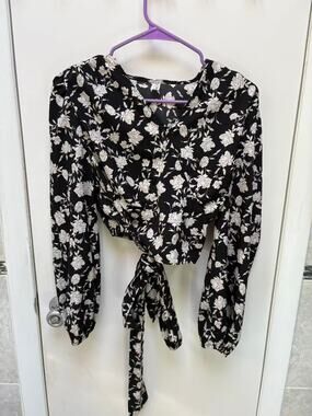Floral Wrap Crop Top Blouse Women Long Lantern Sleeve V-Neck Tie Front Black XS
